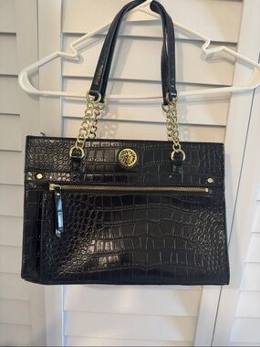 Anne Klein Black Croc-Embossed Shoulder Bag with Gold Hardware